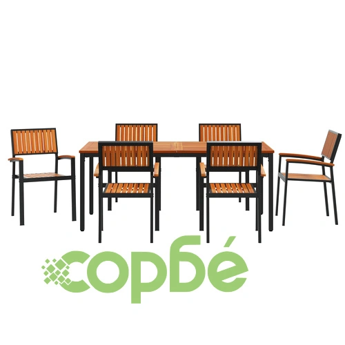 Комплект за Хранене в Градината 7 части - Маса и 6 Стола от Метал и Натурално Дърво, Черен ➤ топ цена ➤ sorbe.bg