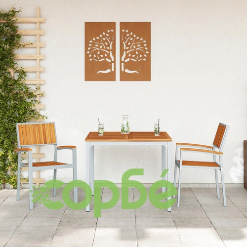 Комплект за хранене в градината от 3 части - квадратна маса 90x90 см и 2 стола, сив метал с дървен цвят ➤ топ цена ➤ sorbe.bg
