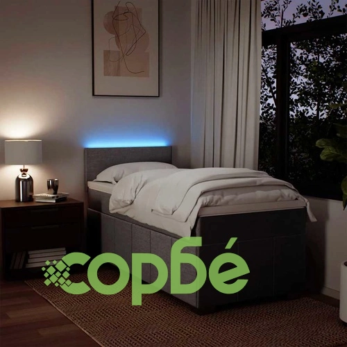 Боксспринг легло с матрак и LED осветление, 90x200 см, тъмнокафяв плат ➤ топ цена ➤ sorbe.bg