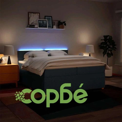 Боксспринг легло с матрак и LED осветление, синьо, 200x200 см, полиестер ➤ топ цена ➤ sorbe.bg