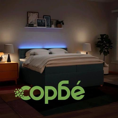 Боксспринг легло с матрак и LED осветление, синьо, 200x200 см, полиестер ➤ топ цена ➤ sorbe.bg