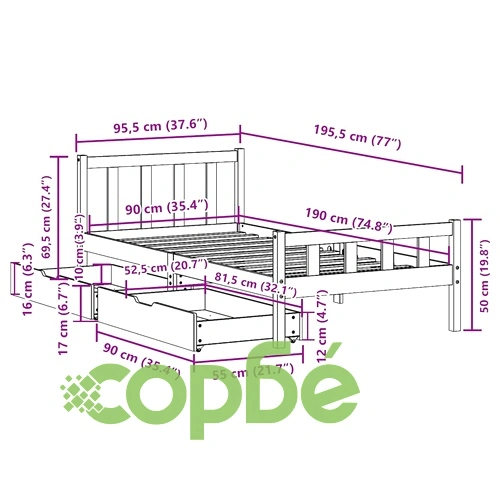 Рамка за легло от масивна чамова дървесина, 90x190 см, с две чекмеджета ➤ топ цена ➤ sorbe.bg