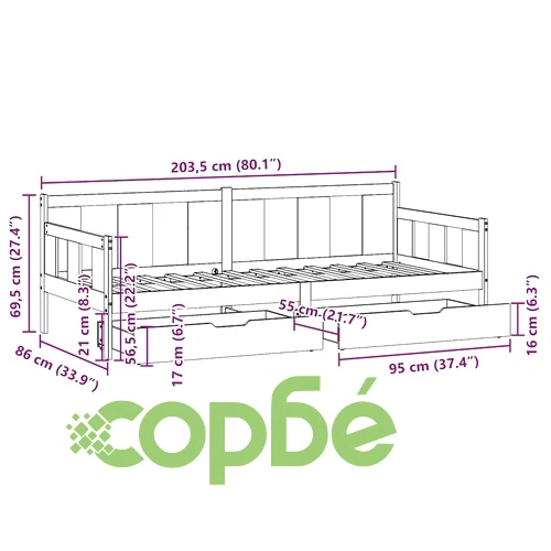 Легло от масивна борова дървесина с 2 чекмеджета, 80x200 см, без матрак ➤ топ цена ➤ sorbe.bg