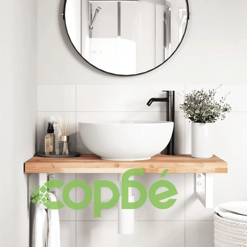 Стенен рафт за мивка от масивно акациево дърво и стомана, 80 x 40 x 4 см ➤ топ цена ➤ sorbe.bg