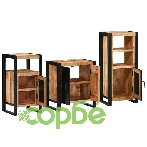 Комплект мебели за баня 3 части от масивно мангово дърво - кафяв цвят ➤ топ цена ➤ sorbe.bg