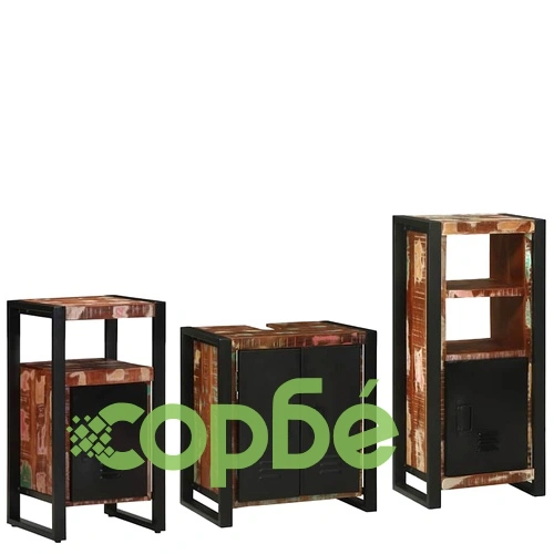 Комплект мебели за баня 3 части от масивна рециклирана дървесина 55x35x60 см ➤ топ цена ➤ sorbe.bg