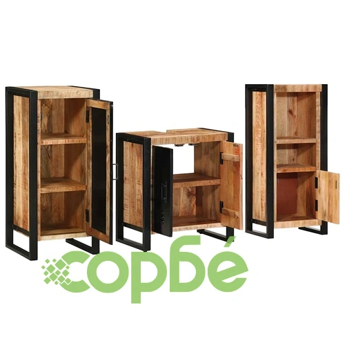 Комплект мебели за баня 3 части от масивно мангово дърво - кафяв цвят ➤ топ цена ➤ sorbe.bg