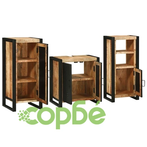 Комплект мебели за баня 3 части от масивно мангово дърво, кафяв цвят ➤ топ цена ➤ sorbe.bg