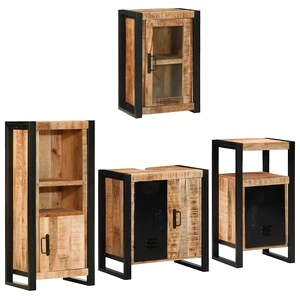 Комплект мебели за баня 4 части от солидно мангово дърво, кафяв