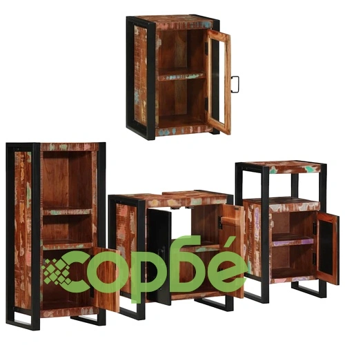 Комплект мебели за баня от 4 части от солидна рециклирана дървесина, многоцветен ➤ топ цена ➤ sorbe.bg