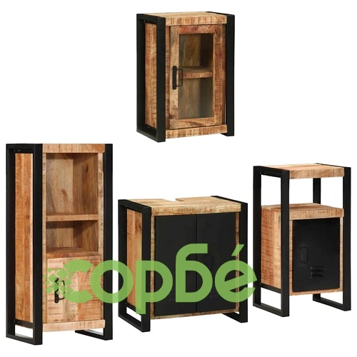 Комплект мебели за баня 4 части от солидно мангово дърво, кафяв ➤ топ цена ➤ sorbe.bg