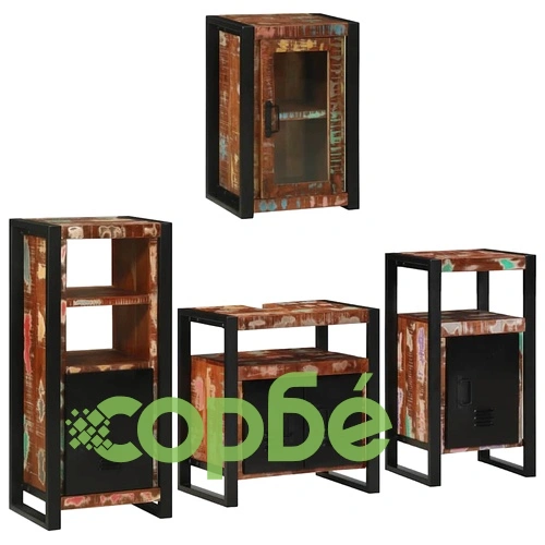 Комплект мебели за баня 4 части от рециклирана масивна дървесина, многоцветен ➤ топ цена ➤ sorbe.bg