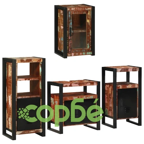 Комплект мебели за баня 4 части от рециклирана масивна дървесина, многоцветен ➤ топ цена ➤ sorbe.bg