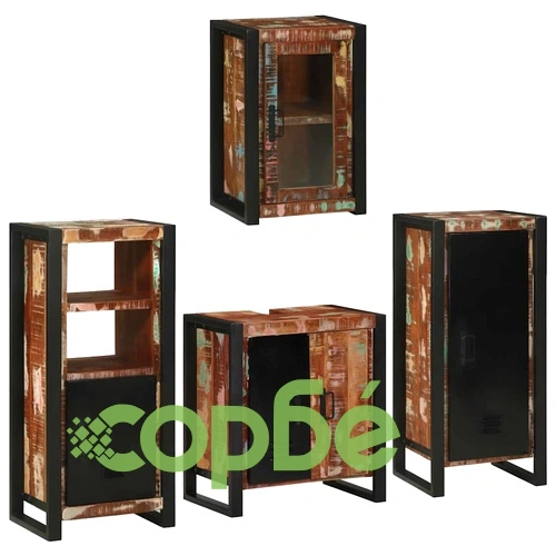 Комплект мебели за баня 4 части от масивна рециклирана дървесина, многоцветен, 55 x 35 x 60 см ➤ топ цена ➤ sorbe.bg
