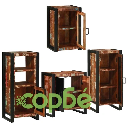 Комплект мебели за баня 4 части от масивна рециклирана дървесина, многоцветен, 55 x 35 x 60 см ➤ топ цена ➤ sorbe.bg