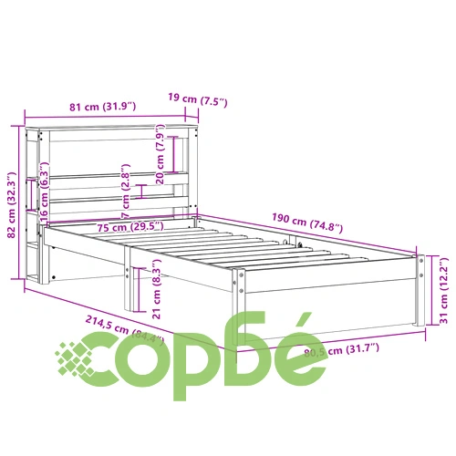 Рамка за единично легло с табла, бяла, 75x190 см, масивно борово дърво ➤ топ цена ➤ sorbe.bg