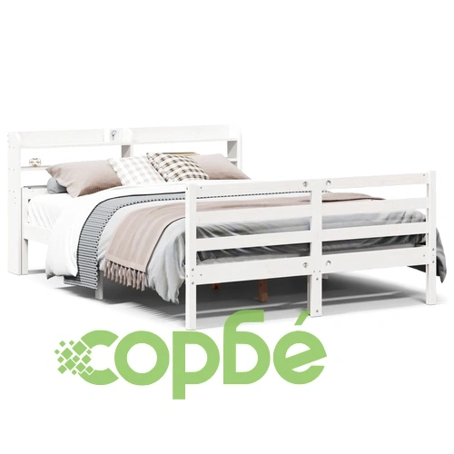 Дървена рамка за легло с табла от масивна борова дървесина, бяла, 160x200 см ➤ топ цена ➤ sorbe.bg