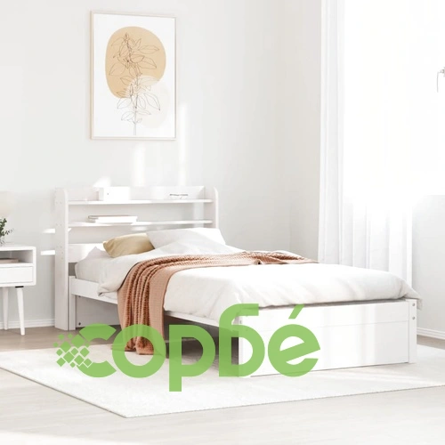 Рамка за единично легло с табла и рафтове, бяло, 75x190 см, масивна борова дървесина ➤ топ цена ➤ sorbe.bg