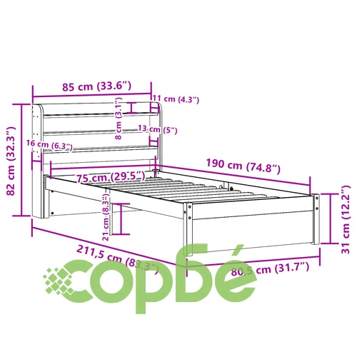 Рамка за единично легло с табла и рафтове, бяло, 75x190 см, масивна борова дървесина ➤ топ цена ➤ sorbe.bg