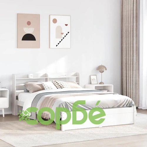 Дървена рамка за легло с табла и рафтове, бяла, 140x190 см, масивна борова дървесина ➤ топ цена ➤ sorbe.bg