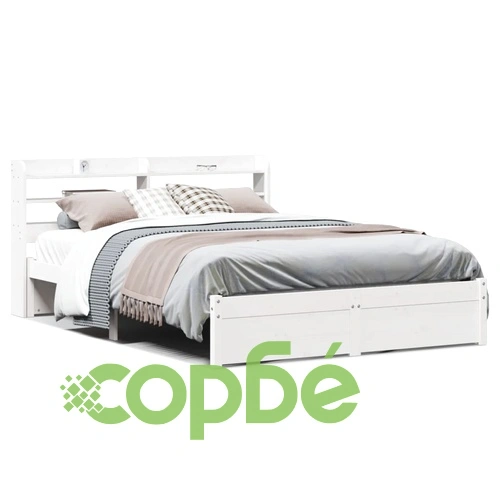 Дървена рамка за легло с табла и рафтове, бяла, 140x190 см, масивна борова дървесина ➤ топ цена ➤ sorbe.bg