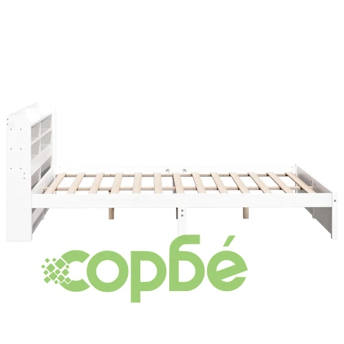 Дървена рамка за легло с табла и рафтове, бяла, 140x190 см, масивна борова дървесина ➤ топ цена ➤ sorbe.bg