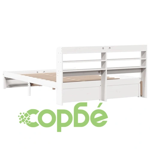 Дървена рамка за легло с табла и рафтове, бяла, 140x190 см, масивна борова дървесина ➤ топ цена ➤ sorbe.bg