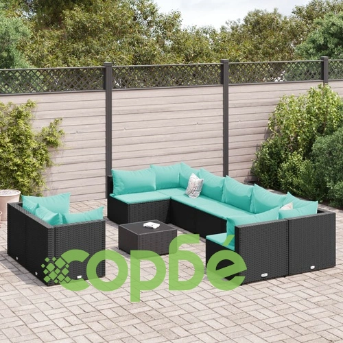 Градински комплект диван от черен полиратан с възглавници - 10 части ➤ топ цена ➤ sorbe.bg