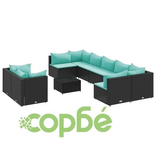 Градински комплект диван от черен полиратан с възглавници - 10 части ➤ топ цена ➤ sorbe.bg