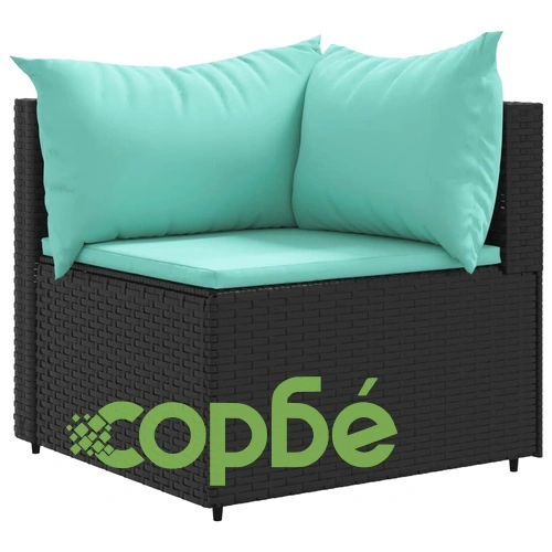 Градински комплект диван от черен полиратан с възглавници - 10 части ➤ топ цена ➤ sorbe.bg