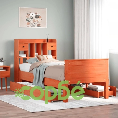 Легло от масивен бор с рафтове за книги 90x190 см, кафяв цвят, без матрак ➤ топ цена ➤ sorbe.bg