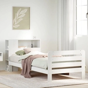 Рамка за легло от масивна бор, бяла, 90x200 см, с табла и отделения за съхранение