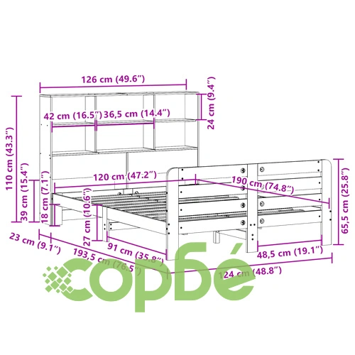Рамка за легло от масивна чамова дървесина, 120x190 см, с табла и отделения за съхранение ➤ топ цена ➤ sorbe.bg