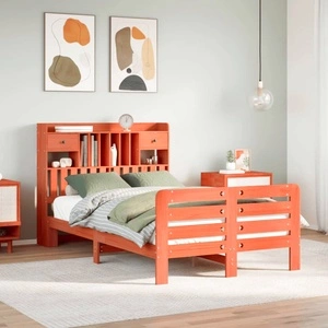 Легло от масивен бор с етажерка за книги, 120x190 см, восъчнокафяво