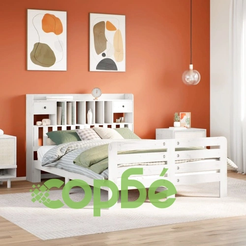 Легло от масивен бор с етажерка за книги, 140x190 см, бяло ➤ топ цена ➤ sorbe.bg