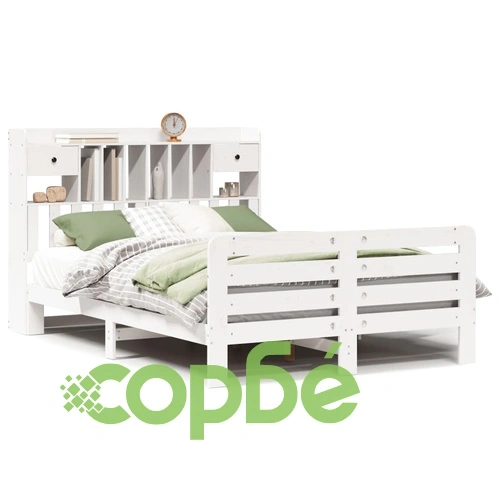 Легло от масивен бор с етажерка за книги, 140x190 см, бяло ➤ топ цена ➤ sorbe.bg