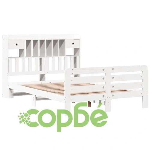 Легло от масивен бор с етажерка за книги, 140x190 см, бяло ➤ топ цена ➤ sorbe.bg