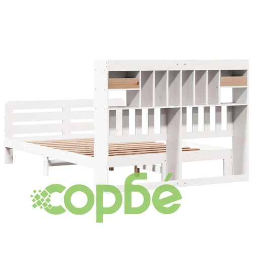 Легло от масивен бор с етажерка за книги, 140x190 см, бяло ➤ топ цена ➤ sorbe.bg