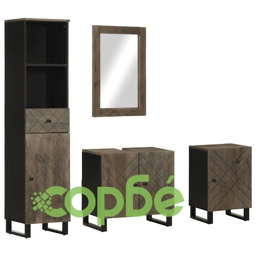 Луксозен комплект мебели за баня от 4 части - черен, от масивна мангова дървесина ➤ топ цена ➤ sorbe.bg