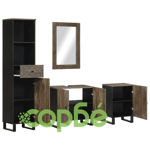 Луксозен комплект мебели за баня от 4 части - черен, от масивна мангова дървесина ➤ топ цена ➤ sorbe.bg