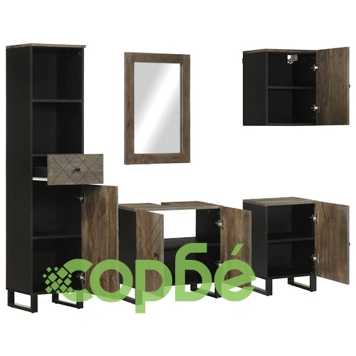 Луксозен комплект мебели за баня от 5 части - Черно масивно дърво Манго ➤ топ цена ➤ sorbe.bg
