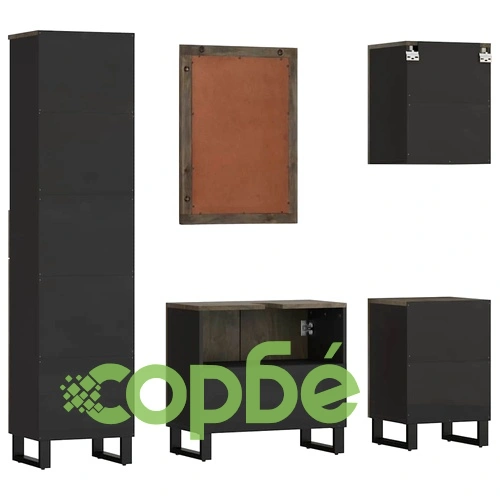 Луксозен комплект мебели за баня от 5 части - Черно масивно дърво Манго ➤ топ цена ➤ sorbe.bg