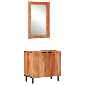 Комплект мебели за баня от 2 части - шкаф и огледало от масивна акациева дървесина, кафяв