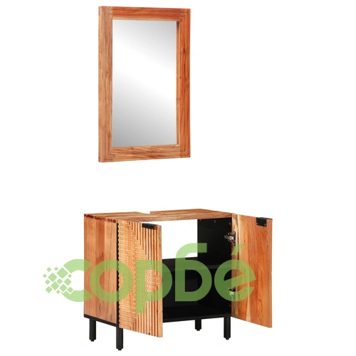 Комплект мебели за баня от 2 части - шкаф и огледало от масивна акациева дървесина, кафяв ➤ топ цена ➤ sorbe.bg