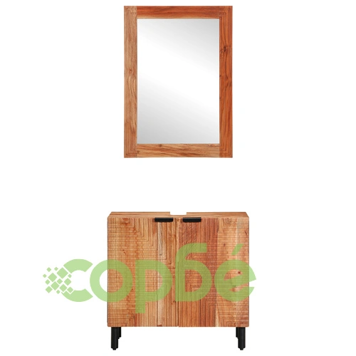 Комплект мебели за баня от 2 части - шкаф и огледало от масивна акациева дървесина, кафяв ➤ топ цена ➤ sorbe.bg