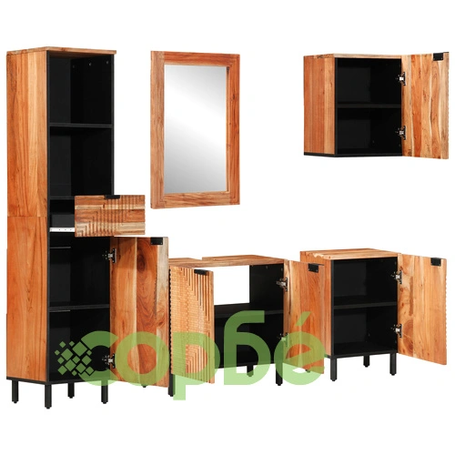 Комплект мебели за баня от 5 части от масивна акациева дървесина с матово покритие ➤ топ цена ➤ sorbe.bg