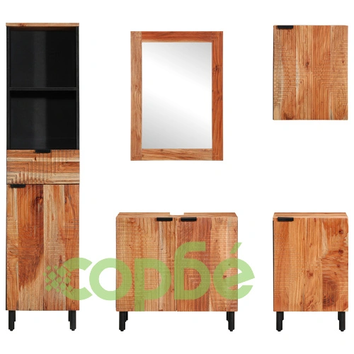 Комплект мебели за баня от 5 части от масивна акациева дървесина с матово покритие ➤ топ цена ➤ sorbe.bg