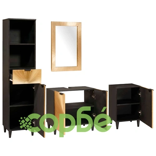 Комплект мебели за баня 4 части от масивно мангово дърво - Черен и златен 38 x 33 x 160 см ➤ топ цена ➤ sorbe.bg