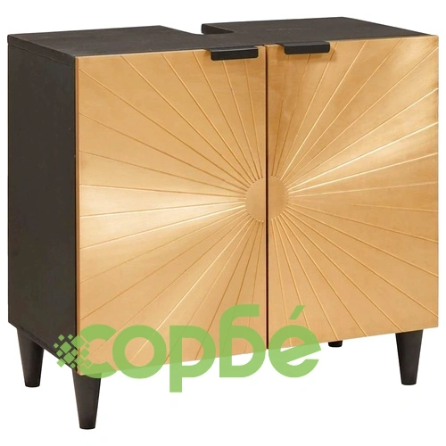 Комплект мебели за баня 4 части от масивно мангово дърво - Черен и златен 38 x 33 x 160 см ➤ топ цена ➤ sorbe.bg