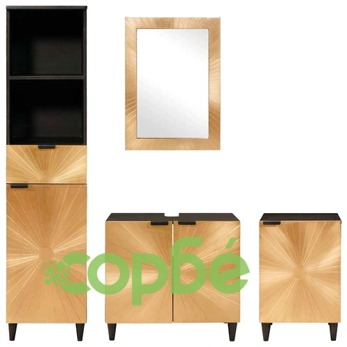 Комплект мебели за баня 4 части от масивно мангово дърво - Черен и златен 38 x 33 x 160 см ➤ топ цена ➤ sorbe.bg